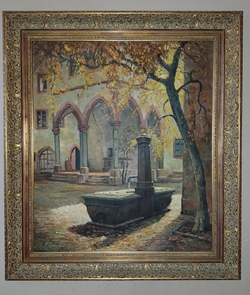 Mathias J Alten Original Vintage Fountain de la Sinne Alsace France Autumn Landscape American Impressionist Oil Painting