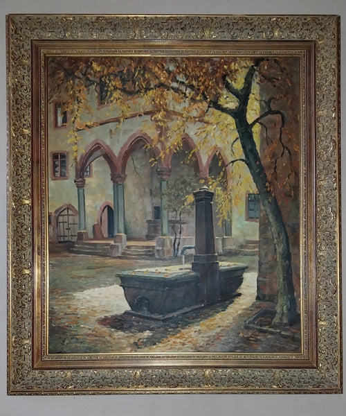 Mathias J Alten Original Vintage Fountain de la Sinne Alsace France Autumn Landscape American Impressionist Oil Painting