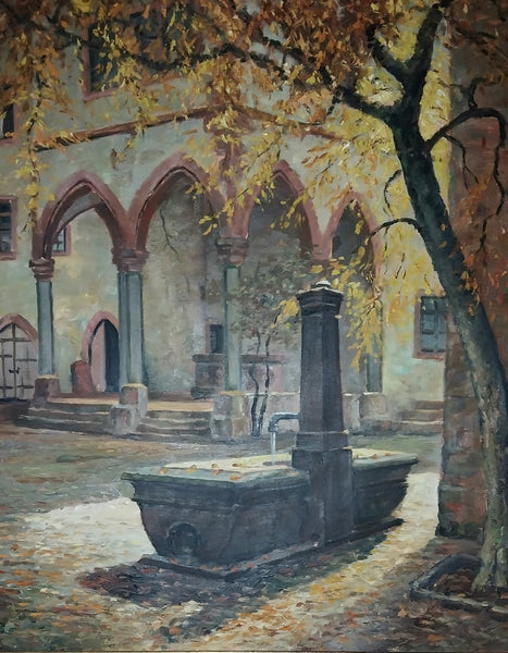Mathias J Alten Original Vintage Fountain de la Sinne Alsace France Autumn Landscape American Impressionist Oil Painting