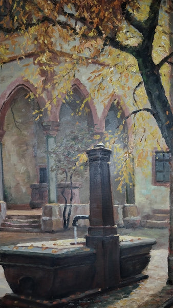 Mathias J Alten Original Vintage Fountain de la Sinne Alsace France Autumn Landscape American Impressionist Oil Painting