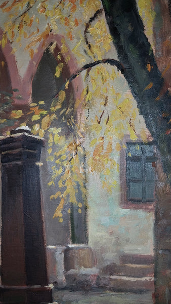 Mathias J Alten Original Vintage Fountain de la Sinne Alsace France Autumn Landscape American Impressionist Oil Painting