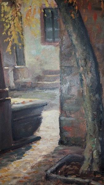 Mathias J Alten Original Vintage Fountain de la Sinne Alsace France Autumn Landscape American Impressionist Oil Painting