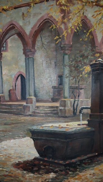 Mathias J Alten Original Vintage Fountain de la Sinne Alsace France Autumn Landscape American Impressionist Oil Painting