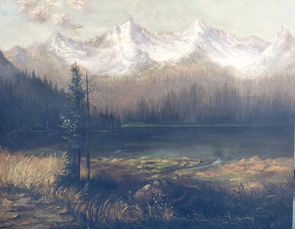 Albert Bierstadt American Dusseldorf Hudson River School Original Sierra Nevada Lake and Mountains Luminous CA Landscape Antique Oil Painting