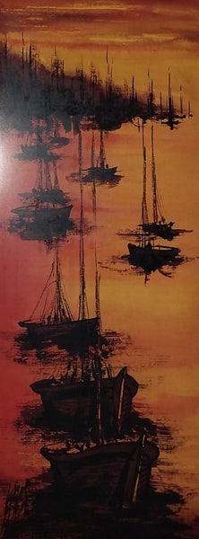 Alex Dzigursky Original Vintage "Delta" Sunset Seascape California Coastal Fishing Boats Maritime Oil Painting