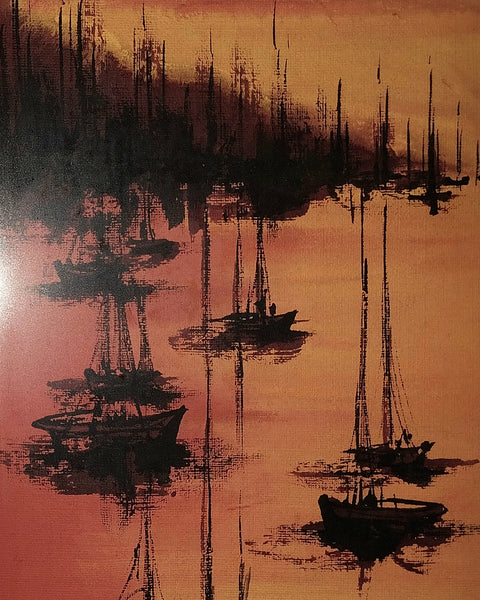 Alex Dzigursky Original Vintage "Delta" Sunset Seascape California Coastal Fishing Boats Maritime Oil Painting