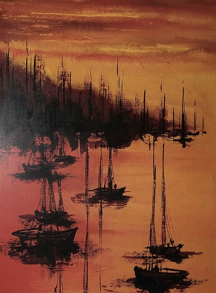 Alex Dzigursky Original Vintage "Delta" Sunset Seascape California Coastal Fishing Boats Maritime Oil Painting