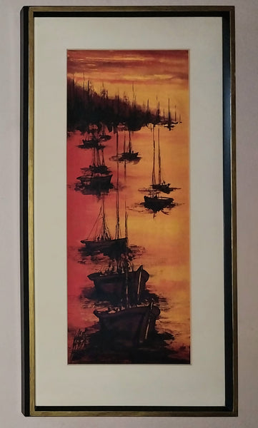 Alex Dzigursky Original Vintage "Delta" Sunset Seascape California Coastal Fishing Boats Maritime Oil Painting
