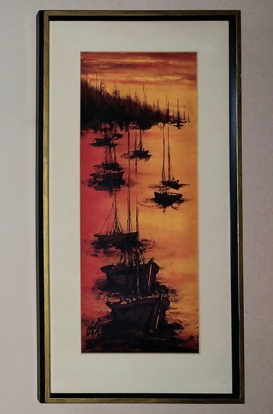 Alex Dzigursky Original Vintage "Delta" Sunset Seascape California Coastal Fishing Boats Maritime Oil Painting