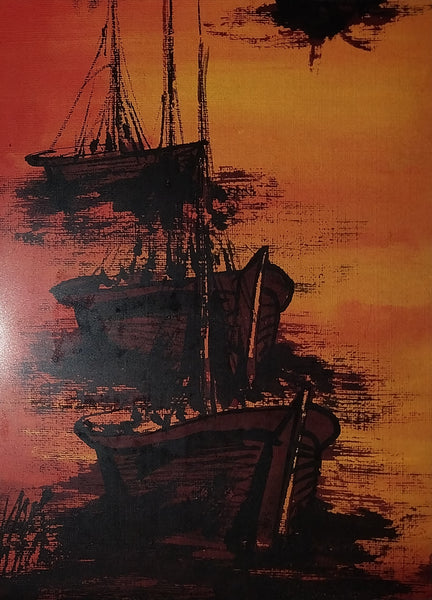 Alex Dzigursky Original Vintage "Delta" Sunset Seascape California Coastal Fishing Boats Maritime Oil Painting