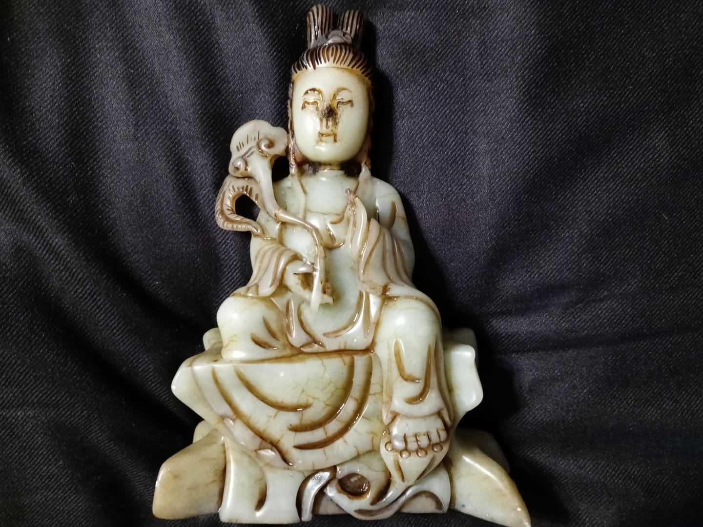 Antique Ancient Chinese Shoushan Stone Hand Carved Guanyin Kwan-Yin Bodhisattva Manjushri Statue Song Dynasty Mahayana Buddhism Decorative Art