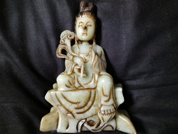 Antique Ancient Chinese Shoushan Stone Hand Carved Guanyin Kwan-Yin Bodhisattva Manjushri Statue Song Dynasty Mahayana Buddhism Decorative Art