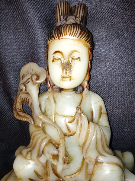 Antique Ancient Chinese Shoushan Stone Hand Carved Guanyin Kwan-Yin Bodhisattva Manjushri Statue Song Dynasty Mahayana Buddhism Decorative Art