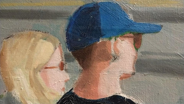 Elmer Bischoff Original Vintage San Francisco Bay Area Figurative California Expressionism Portrait Couple on Bench Man in LA Dodgers Baseball Cap Avant Garde Fine Art Contemporary Acrylic Painting