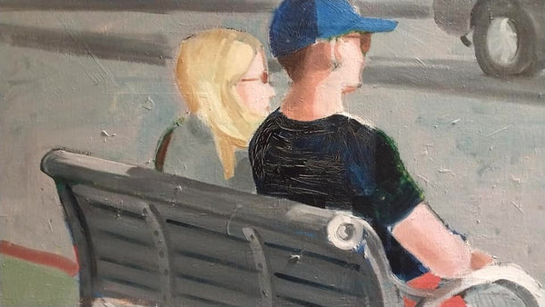 Elmer Bischoff Original Vintage San Francisco Bay Area Figurative California Expressionism Portrait Couple on Bench Man in LA Dodgers Baseball Cap Avant Garde Fine Art Contemporary Acrylic Painting