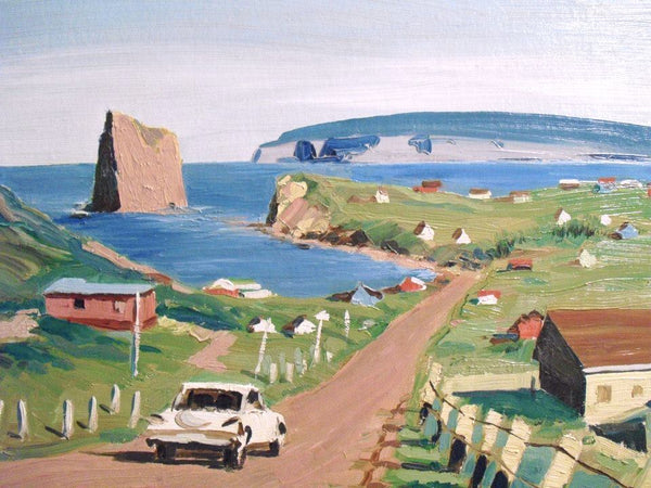 Bruno Cote Original Vintage Canadian Realist Coastal Town Landscape Joli - Perce Rock Formation Gaspe Bay Quebec Canada Realism Fine Art Oil Painting