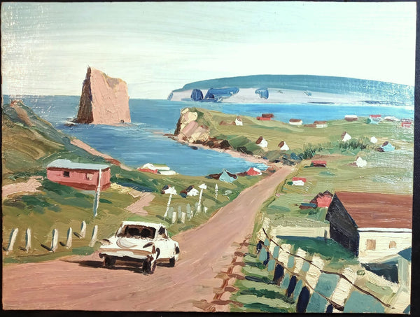 Bruno Cote Original Vintage Canadian Realist Coastal Town Landscape Joli - Perce Rock Formation Gaspe Bay Quebec Canada Realism Fine Art Oil Painting