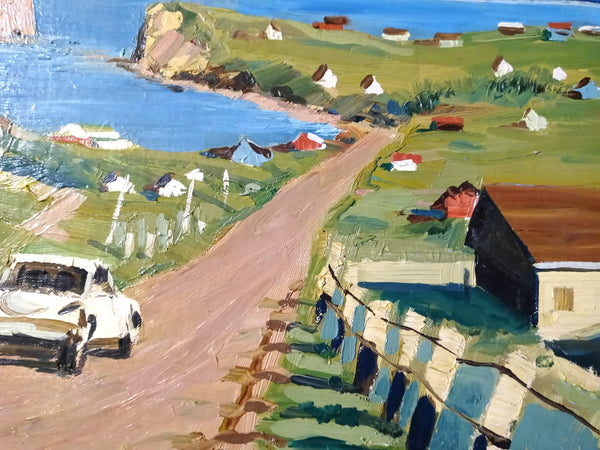 Bruno Cote Original Vintage Canadian Realist Coastal Town Landscape Joli - Perce Rock Formation Gaspe Bay Quebec Canada Realism Fine Art Oil Painting