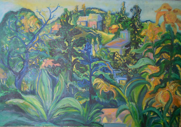 Carlo Levi Original Vintage Italian Hillside Village of Eboli Italy Expressionist Landscape Oil Painting