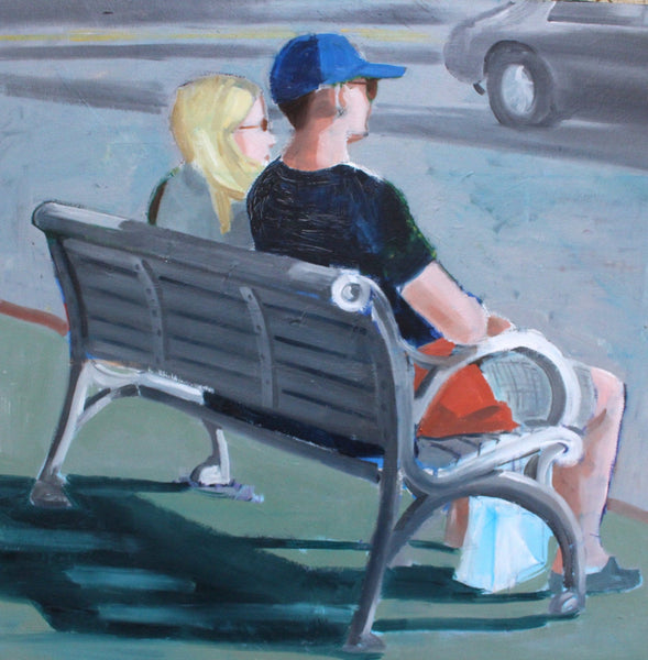 Elmer Bischoff Original Vintage San Francisco Bay Area Figurative California Expressionism Portrait Couple on Bench Man in LA Dodgers Baseball Cap Avant Garde Fine Art Contemporary Acrylic Painting