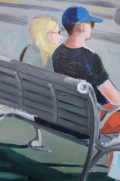 Elmer Bischoff Original Vintage San Francisco Bay Area Figurative California Expressionism Portrait Couple on Bench Man in LA Dodgers Baseball Cap Avant Garde Fine Art Contemporary Acrylic Painting