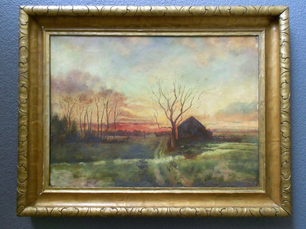 Edwin Lamasure Attributed Original Antique American Impressionist Landscape Oil Painting Connecticut Barn Clearing After a Storm