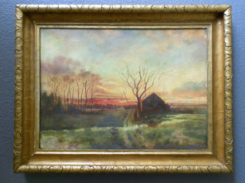 Edwin Lamasure Attributed Original Antique American Impressionist Landscape Oil Painting Connecticut Barn Clearing After a Storm