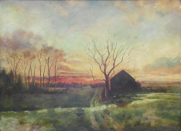 Edwin Lamasure Attributed Original Antique American Impressionist Landscape Oil Painting Connecticut Barn Clearing After a Storm