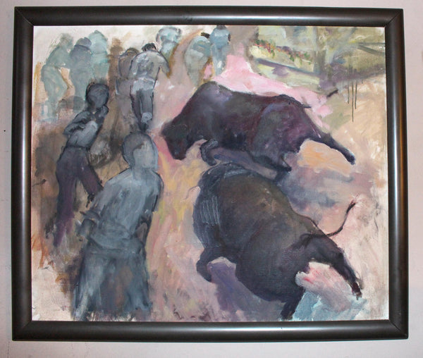 Original Vintage Edwin Salomon Romanian Israeli Post War Contemporary Oil Painting Running of the Bulls