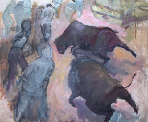 Original Vintage Edwin Salomon Romanian Israeli Post War Contemporary Oil Painting Running of the Bulls