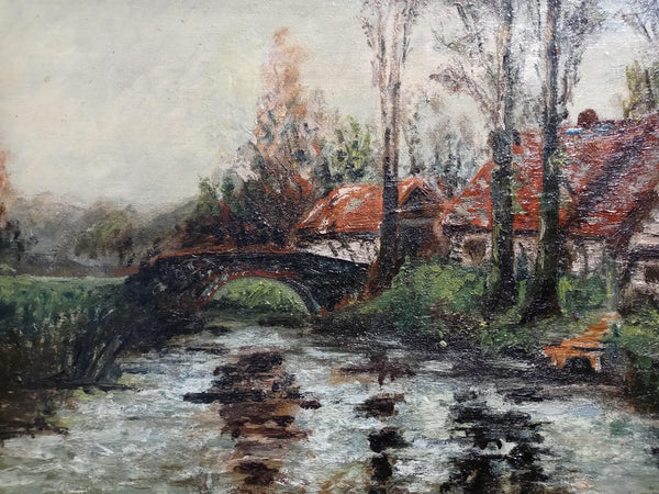 Ernest Lawson Original Antique Late 19th Century New York City The Eight American Impressionism Riverside Red Rooftop Cottages Landscape Oil Painting