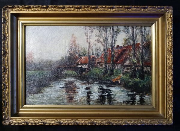 Ernest Lawson Original Antique Late 19th Century New York City The Eight American Impressionism Riverside Red Rooftop Cottages Landscape Oil Painting