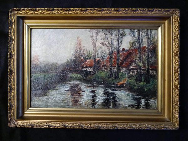 Ernest Lawson Original Antique Late 19th Century New York City The Eight American Impressionism Riverside Red Rooftop Cottages Landscape Oil Painting