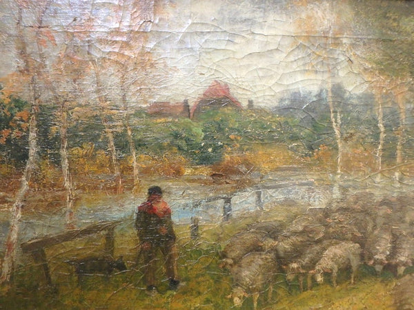 Felix Sauter Original Antique Belgian Plein Air Impressionist Landscape Shepherd with Flock of Sheep near Scheldt River Fine European Oil Painting