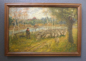 Felix Sauter Original Antique Belgian Plein Air Impressionist Landscape Shepherd with Flock of Sheep near Scheldt River Fine European Oil Painting