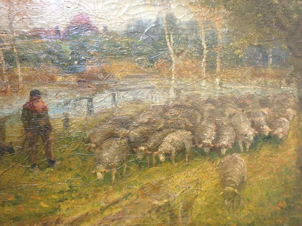 Felix Sauter Original Antique Belgian Plein Air Impressionist Landscape Shepherd with Flock of Sheep near Scheldt River Fine European Oil Painting