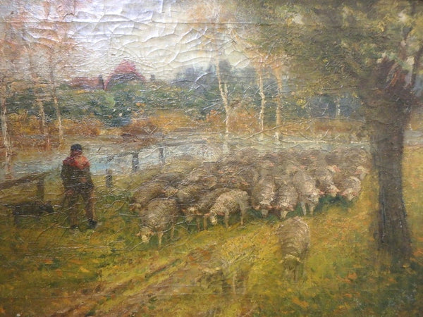 Felix Sauter Original Antique Belgian Plein Air Impressionist Landscape Shepherd with Flock of Sheep near Scheldt River Fine European Oil Painting