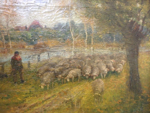 Felix Sauter Original Antique Belgian Plein Air Impressionist Landscape Shepherd with Flock of Sheep near Scheldt River Fine European Oil Painting