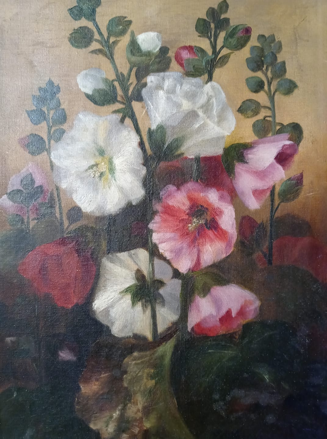 Frank Weston Benson Original Antique Late 19th Century The Ten American Painters Tonalism Impressionism Still Life of Hollyhock Flowers Oil Painting