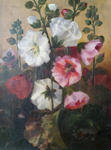 Frank Weston Benson Original Antique Late 19th Century The Ten American Painters Tonalism Impressionism Still Life of Hollyhock Flowers Oil Painting