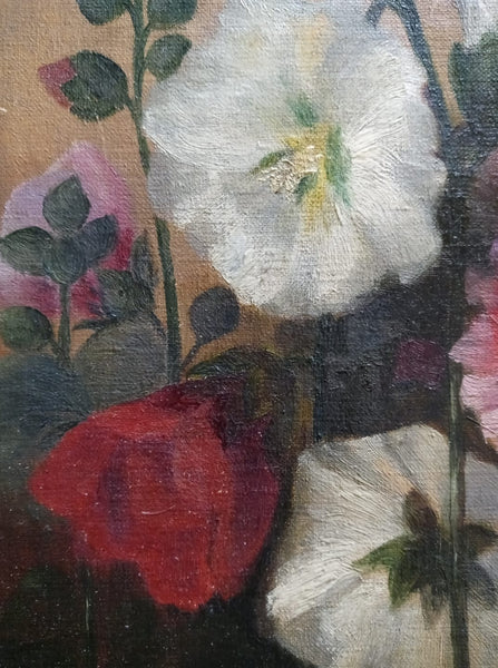 Frank Weston Benson Original Antique Late 19th Century The Ten American Painters Tonalism Impressionism Still Life of Hollyhock Flowers Oil Painting