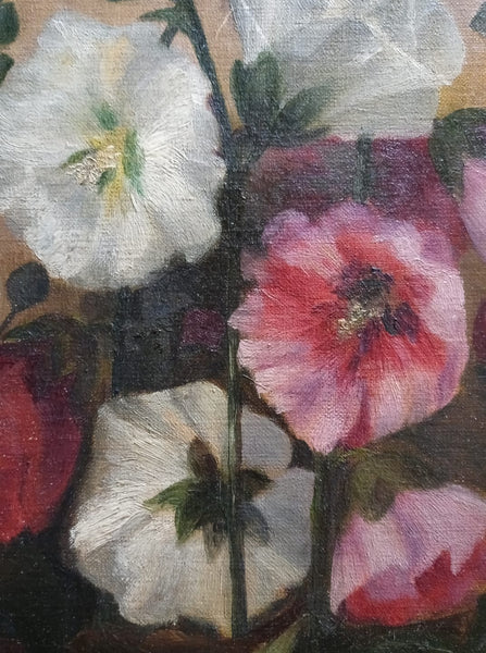 Frank Weston Benson Original Antique Late 19th Century The Ten American Painters Tonalism Impressionism Still Life of Hollyhock Flowers Oil Painting