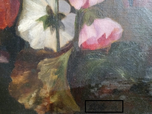 Frank Weston Benson Original Antique Late 19th Century The Ten American Painters Tonalism Impressionism Still Life of Hollyhock Flowers Oil Painting