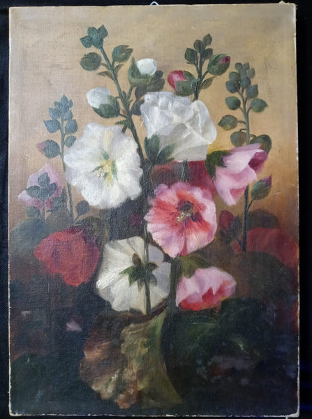 Frank Weston Benson Original Antique Late 19th Century The Ten American Painters Tonalism Impressionism Still Life of Hollyhock Flowers Oil Painting