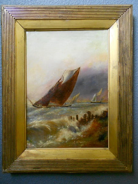 George Rowe Original Antique 19th Century British Schooner Sailboat Coastal Scene Gouache Oil Painting