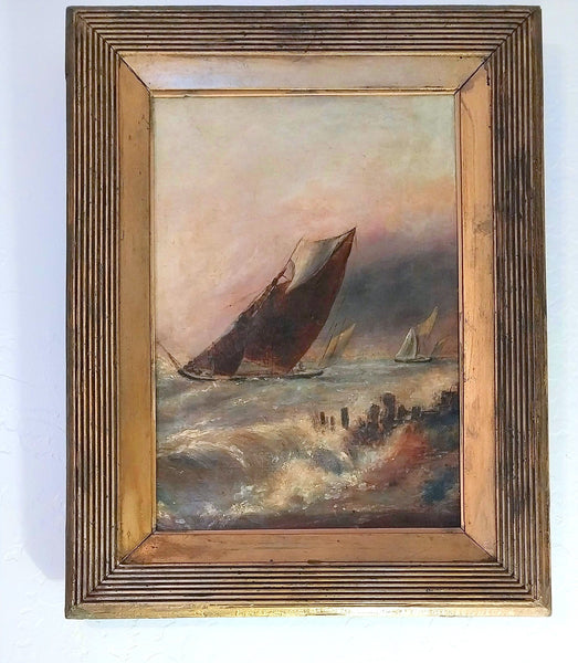 George Rowe Original Antique 19th Century British Schooner Sailboat Coastal Scene Gouache Oil Painting