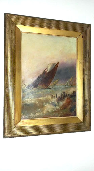 George Rowe Original Antique 19th Century British Schooner Sailboat Coastal Scene Gouache Oil Painting