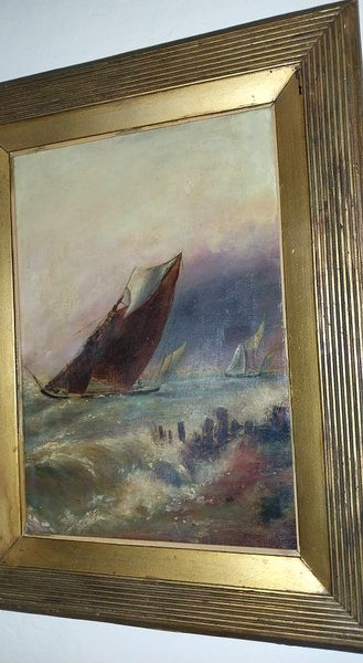 George Rowe Original Antique 19th Century British Schooner Sailboat Coastal Scene Gouache Oil Painting