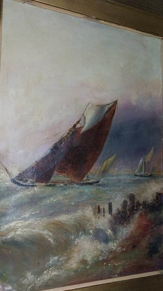 George Rowe Original Antique 19th Century British Schooner Sailboat Coastal Scene Gouache Oil Painting