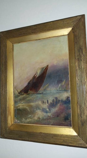 George Rowe Original Antique 19th Century British Schooner Sailboat Coastal Scene Gouache Oil Painting